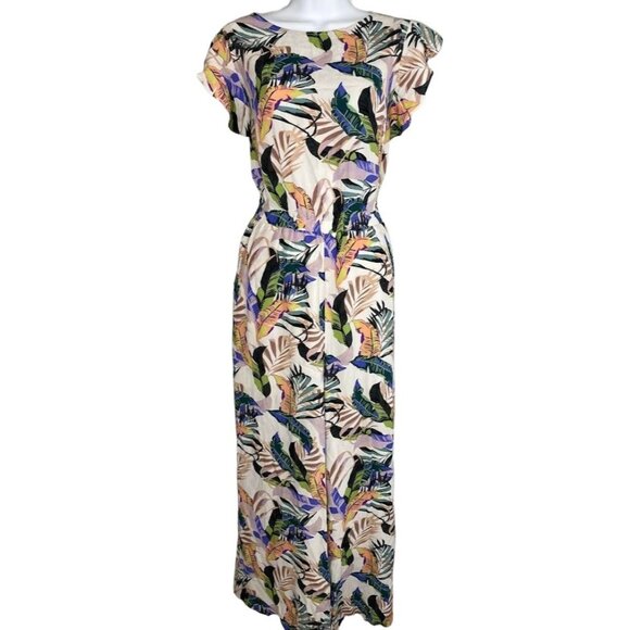 Sanctuary Jumpsuit Womens Tropical Wide‎ Leg Tie Back Short Sleeve sz Large NEW - Picture 1 of 13